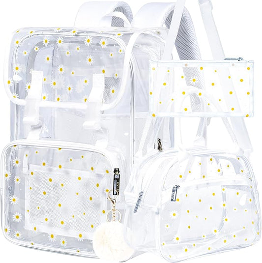 17" Daisy Clear Backpack for Girls - Flip Design Stadium Approved 3Pcs Set, Heavy Duty PVC Bookbag for Concert/School (White)