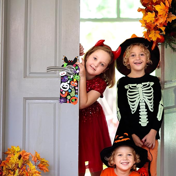 24 Set Halloween Craft Kits, DIY Halloween Doorknob Hanger Decorations Fall Arts & Crafts Supplies, Halloween Pumpkin Bat Ghost Monster Foam Stickers for Classroom Party Favors Activities