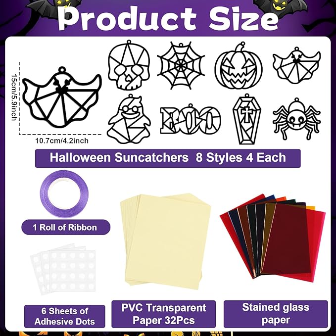 32 Sets Halloween Suncatchers Craft Kit DIY Window Stained Glass Effect Ghost Spider Skull Pumpkin Paper Crafts Home School Classroom Decoration Kid Birthday Gift Creative Art Project Activity Game