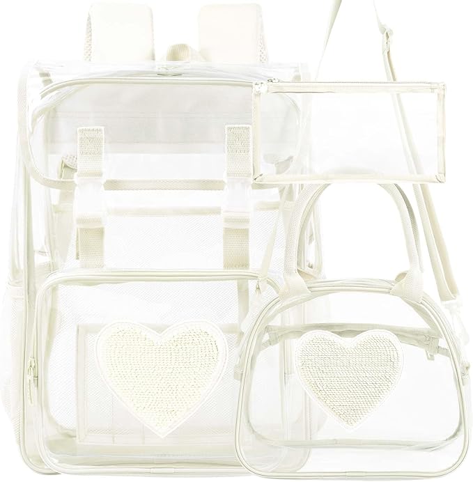 17" Sequin Clear Backpack for Girls - 3Pcs Sparkle Flip Design Stadium Approved Set, Campus/School Transparent Bookbag (White)