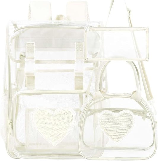 17" Sequin Clear Backpack for Girls - 3Pcs Sparkle Flip Design Stadium Approved Set, Campus/School Transparent Bookbag (White)