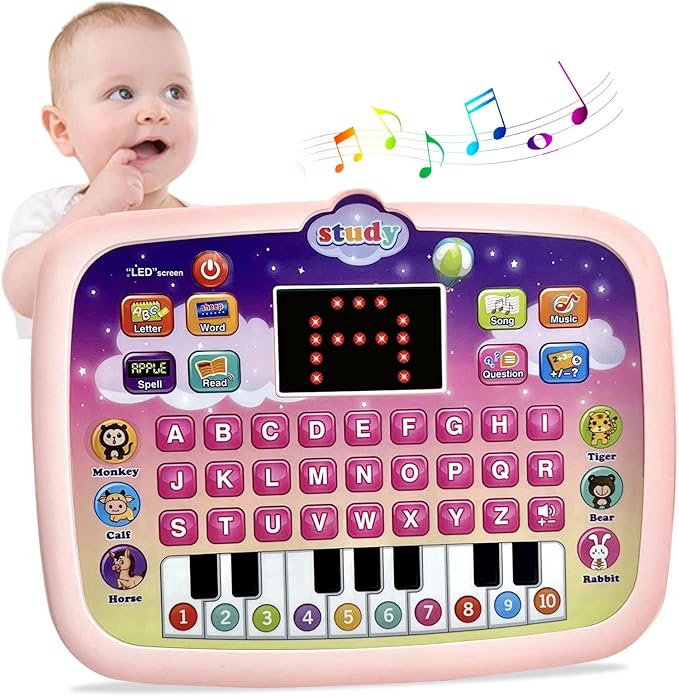 Kid Tablet Toddler Learning Pad Interactive Toy with Screen -Educational Toys Fun Gifts -Music/Piano/ABC/Numbers/Words/Spell/Animals - for Boys&Girls 3+ (Pink)……