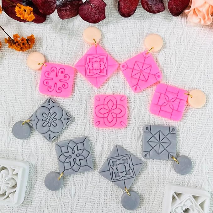 Xaekicr 8PCS Tile Pattern Polymer Clay Cutters Set – Mediterranean Geometric Clay Cutters and Textured Molds, Clay Tools for Polymer Clay Jewelry and Crafts