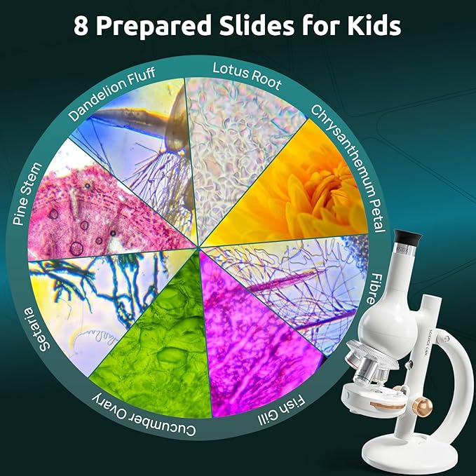 Science Can Microscope for Kids, 1600X Magnification LED Student Microscope with 8 Prepared Slides, Educational Science Lab Toy Great Birthday Gifts, Science Kits for Kids Ages 8-12