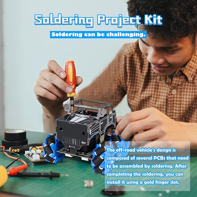 PEMENOL DIY RC Robot Car Kit with Mecanum Wheels, 360° Omnidirectional Movement, Soldering Electronics Project, Dual Remote & WiFi Control, Robotics Kit for School College Hobbyists Present