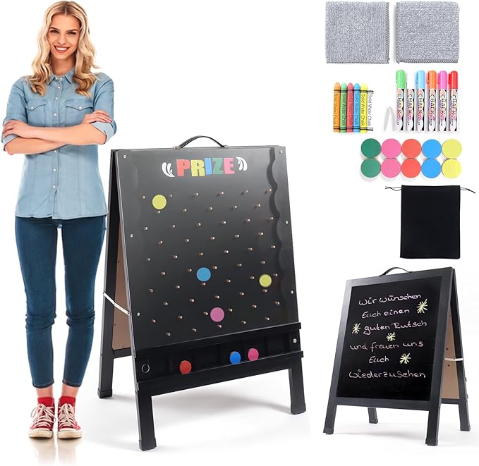 Prize Drop Game Board, 21"x30" Double-Sided Foldable Design with Wooden A-Frame Chalkboard Sign for Family, Carnival, Trade Show & Party - Includes 10 Coin Drop Discs and Chalk Set, Portable Design