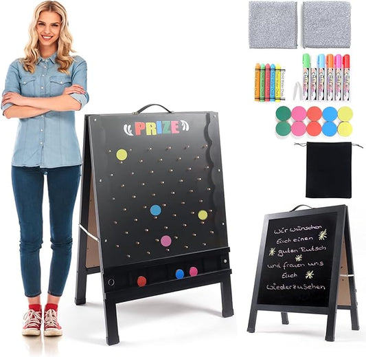 Prize Drop Game Board, 21"x30" Double-Sided Foldable Design with Wooden A-Frame Chalkboard Sign for Family, Carnival, Trade Show & Party - Includes 10 Coin Drop Discs and Chalk Set, Portable Design