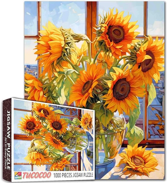 Sunflowers in Glass Vase Jigsaw Puzzle, Flowers 1000 Pieces Jigsaw Puzzles for Adults,27 x 20 Inches Puzzles for Families,HD Quality Abstract Floral Landscape Photo Puzzle Gift,Game Nights