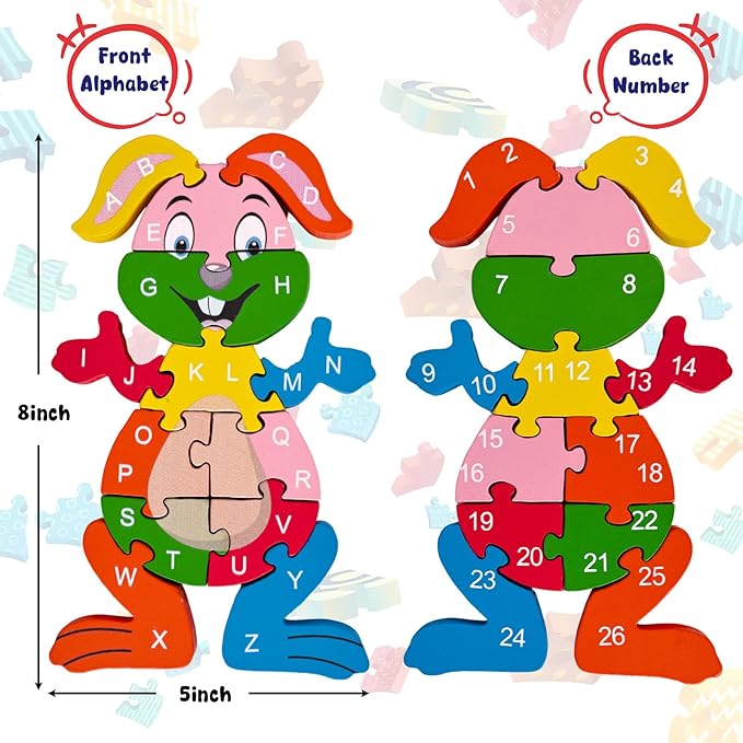 LovesTown Rabbit Wooden Puzzles, 26PCS Alphabet and Number Building Blocks Wood Jigsaw Puzzle for Kids Preschool, Medium