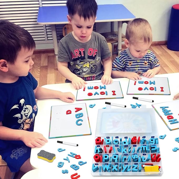 Magnetic Letters Kit, A-Z Foam Magnetic Letters, Alphabet Letters with Large Double-Side Magnet Board and Learning Cards, Educational Refrigerator Magnets for Preschool Learning Spelling (Blue/Red)