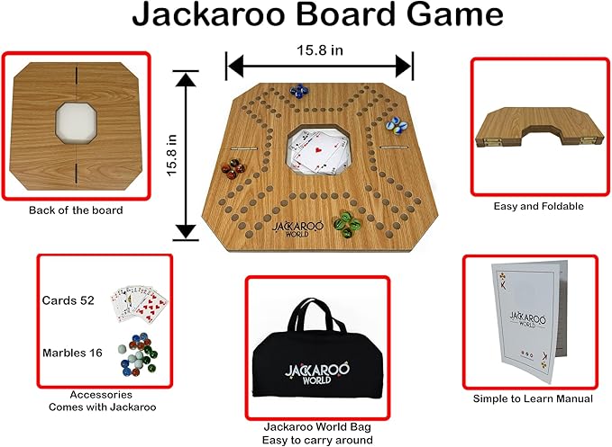 Jackaroo Board Game - 2-4 Player Marble Board Games - Marble Strategy Game - Carbles game with Cards - Marbles and Jokers Board Game - Jokers and Pegs Board Wooden - Dirty Marbles Strategy Games (Oak)
