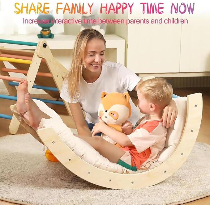 Pikler Triangle Set with Cushion, 7 in 1 Toddler Climbing Toys Indoor, Montessori Foldable Climbing Set, Wooden Climbing Toys for Toddlers 1-3 Inside with Ramp, Arch and Ladder (Rainbow)