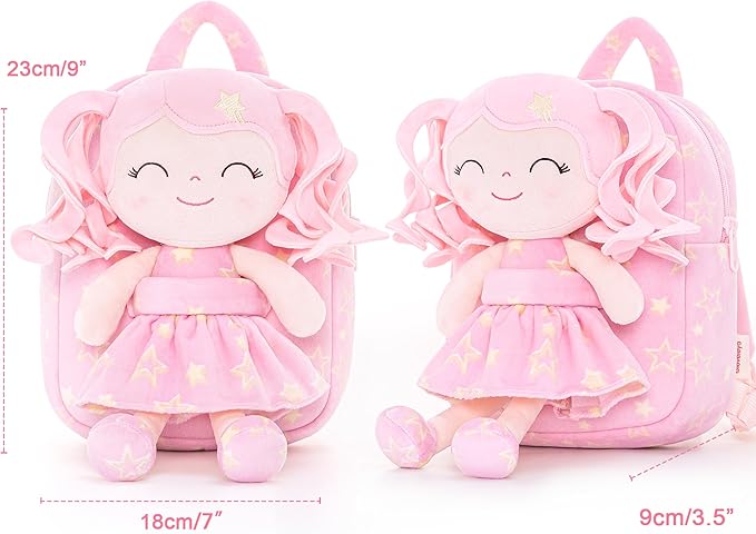Gloveleya Toddler Backpack Baby Girl Gifts Curly Hair Plush Figures Dress Backpack Kids Backpack Curly Hair Spring Girl - Pink Head Pink Star 9inches