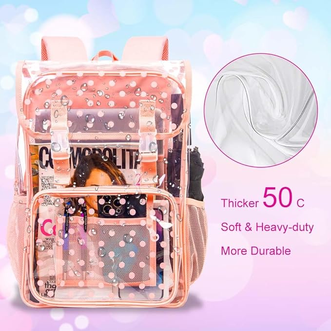 17" Polka Dot Clear Backpack for Girls - 3Pcs Flip Design Stadium Approved Set, Campus/School Transparent Bookbag (Pink)