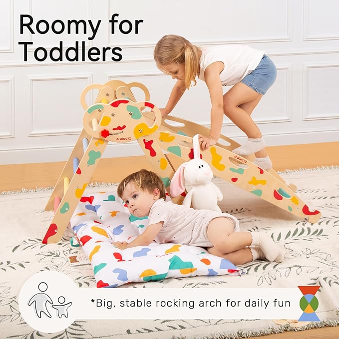 wingyz Pikler Triangle Climbing Set with Cushion,Wooden 8 in 1 Jungle Gyms for Toddlers 1-3, Indoor Playground for Kids,Baby Montessori Climber Gift(Rainbow)