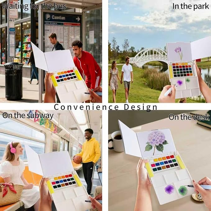 Watercolor Painting Set, Travel Paint Set Graspable Paint Set Portable Watercolor Sketching Kit with Water Pen,24 Sheets Watercolor Papers,3 Tutorial Video-30colors