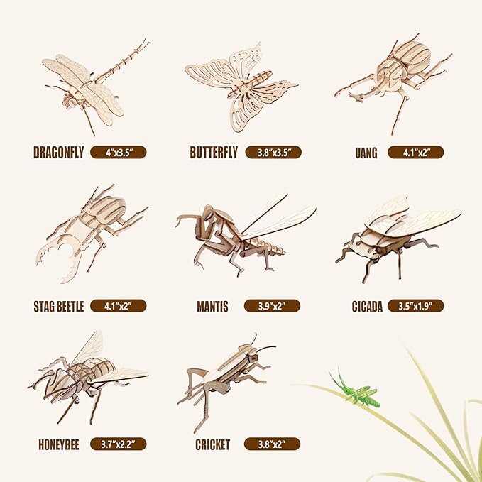 ELX Wooden 3D Puzzles for Kids 6+, 8 Piece Set Insect Animal Models, Wood Building Kits DIY Wooden Crafts Stem Toys peresents for Kids and Adults