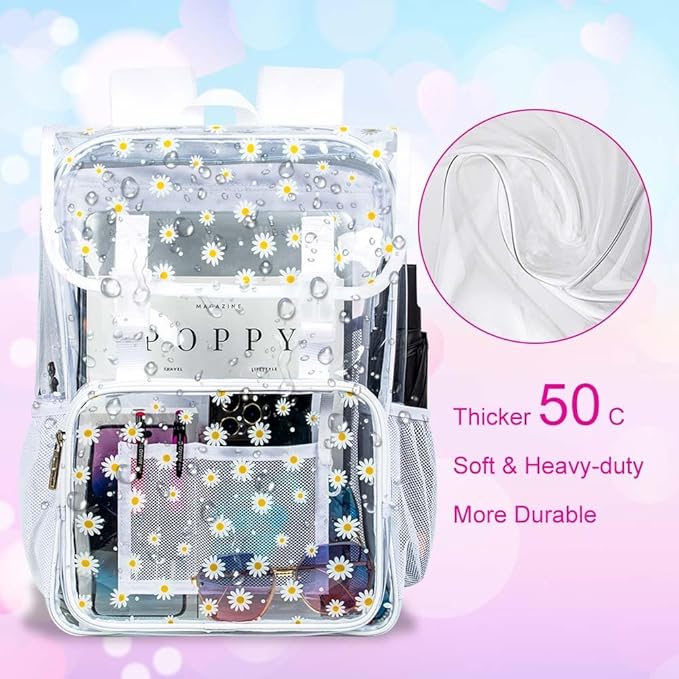 17" Daisy Clear Backpack for Girls - Flip Design Stadium Approved 3Pcs Set, Heavy Duty PVC Bookbag for Concert/School (White)