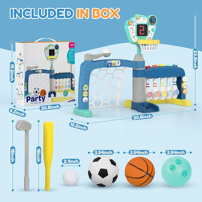 Toddler Sports Toys, 5-in-1 Toddler Basketball Hoop Soccer Bowling Baseball Golf Activity Center, 1 2 3 Year Old Boys Girls Toy, Toys for Toddlers & Baby