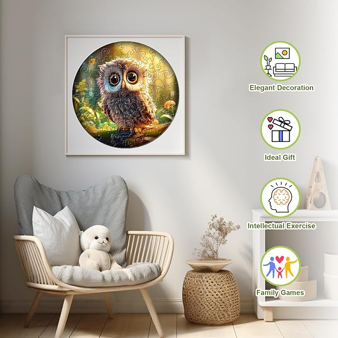 Wooden Puzzles for Kids Ages 6-8 - 50 Pieces Cute Owl Puzzle - Unique Animal Shaped Puzzles Ages 5-8 - Birthday Gift for Kids(11.4x11.4in)