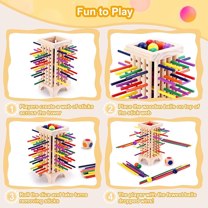 Montessori Wooden Board Games for Kids 42 Colorful Stacking Wooden Sticks Dice Game Fine Motor Skills Montessori Toys for 3 4 5 6 Year Old Girl Boy Educational Learning Gift Ages 4-8