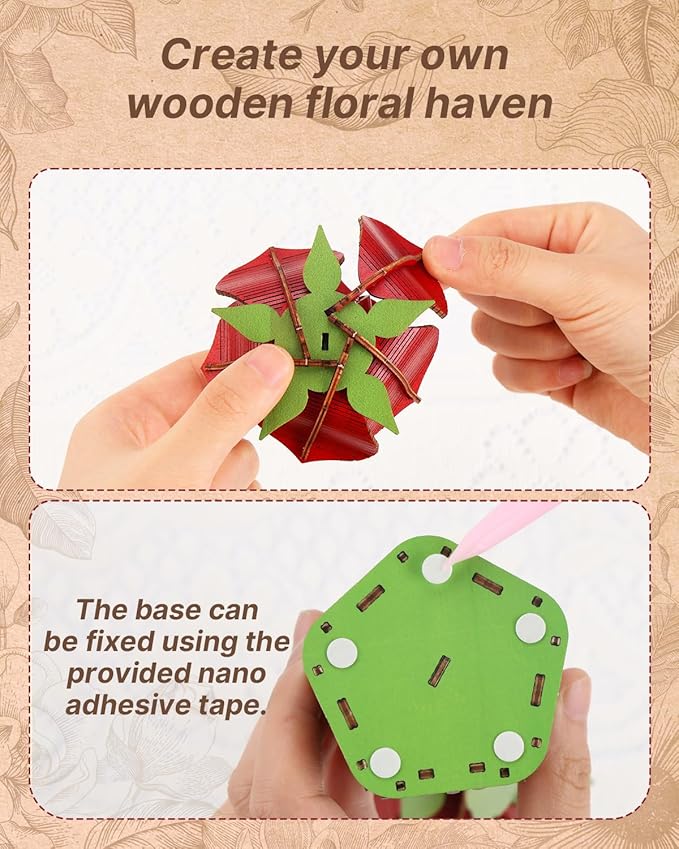 3D Red Rose Wooden Puzzles for Adults, DIY Wooden Flower Craft Kit, Artificial Flowers Model Kit to Assemble for Adults.(3.3 * 3.5 * 8.6in 73PCS)