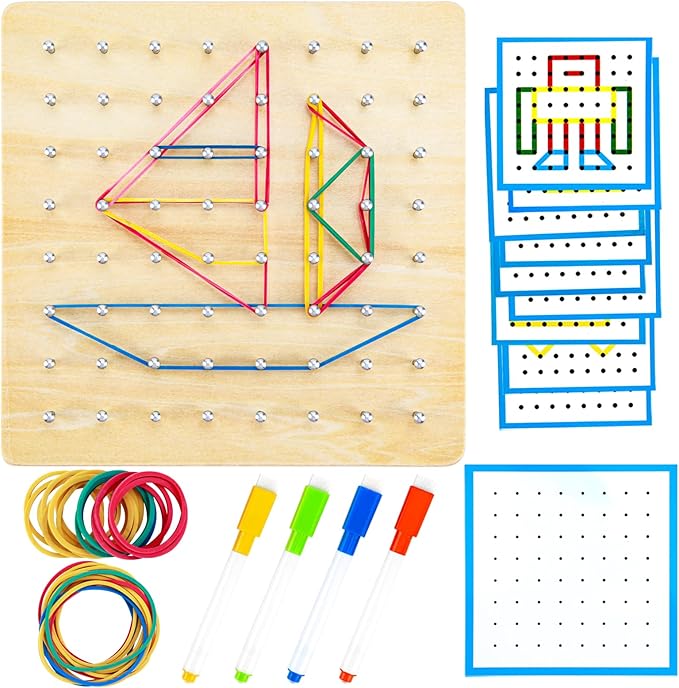 HEELWIRE Wooden Geoboard,Montessori Toy,Graphical Mathematical Education Toy for Kids with Pattern Cards and Rubber Bands to Figures and Shapes, Brain Teaser STEM Toy Geo Board., Plus 7*7*0.6in