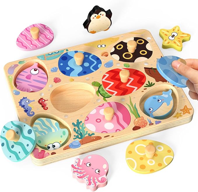 Wooden Puzzles for Toddlers, 8 Pcs Sea Animal Matching Egg Puzzle, Montessori Toys for Boy Girl Easter Birthday Gifts, Preschool Learning Activities & Educational Toys for Boys, Girls