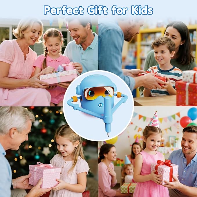 Drawing Robot for Kids, with 100 Word Cards, 12 Color Pens, Voice Interactive Educational Drawing Machine, Montessori Painting Learning Toys for 3 4 5 6 7 8 Year Old Boys Girls Birthday Party (Blue)
