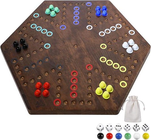 Wahoo Board Game - 23.6 inch Marble Game Board with 24 Glass Marbles and 6 Dice,Solid Wood Double-Sided Game Board for 4 or 6 Players - Family and Party Game