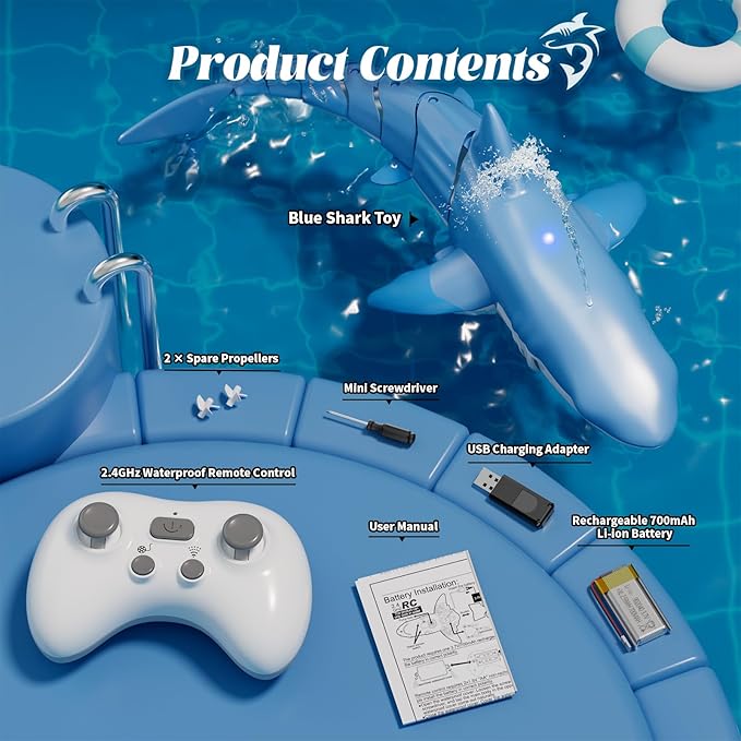Waterproof Remote Control Electric Shark Water Toy with Spray, RC Swimming Pool Toy Auto Water-Sensing Activation for Pools, Lakes & Water Parks - Cool Santa Gift for Kids