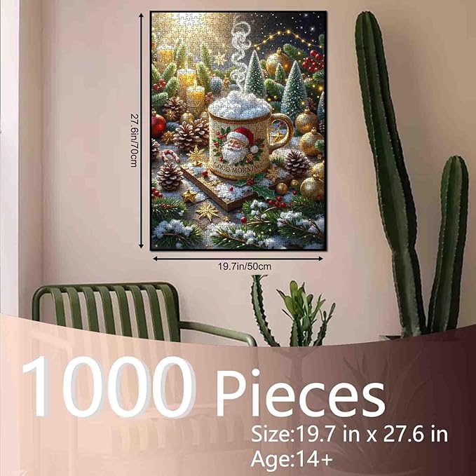 Merry Christmas 1000 Piece Jigsaw Puzzles for Adults Cup of Hot Chocolate Painting Jigsaw Puzzle Santa Claus/Christmas Father Puzzles 20''x27”inch Xmas Trees1000 Pieces Wall Decor Family Challenging