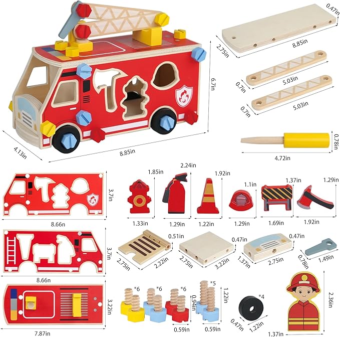 Wooden Fire Truck Toy – Take-Apart STEM Vehicle with Firefighter Tools & Shape Sorting, Montessori Educational Gift for Toddlers Boys Girls Ages 3+