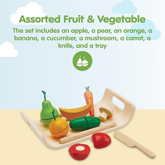 PlanToys Wooden Assorted Fruit and Vegetable Food Set (3416) | Sustainably Made from Rubberwood and Non-Toxic Paints and Dyes