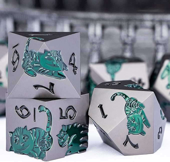 Metal DND Cat Dice 7PCS Polyhedral RPG Dice Set with Gift Case for Dungeons Dragons Role Playing Game, D and D Dice D6 D8 D10 D12 D20 D% (Grey Green)
