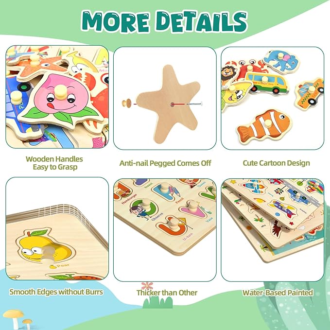 Wooden Peg Puzzles for Toddlers 2-4, 6 Pack Educational Peg Puzzles Montessori Toys, Learning Puzzles for Kids Girs Boys 1-3 3-5 with Alphabet Number Animal Vehicle Shape