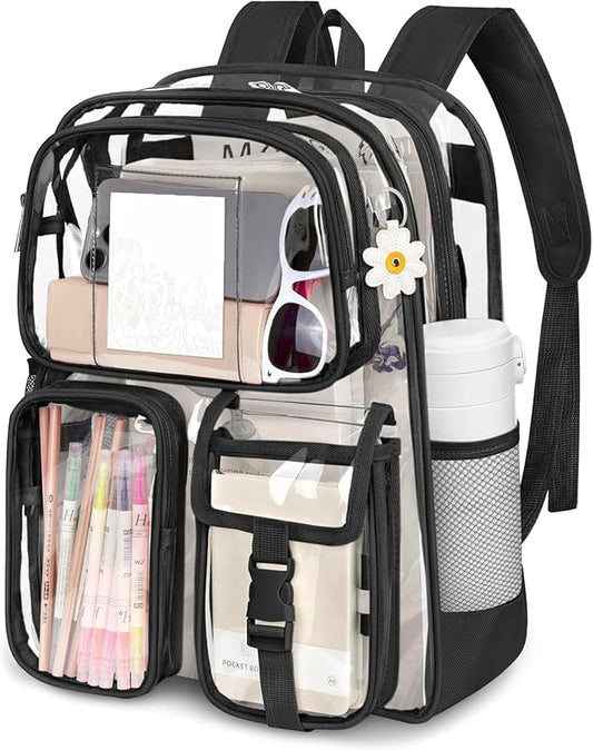 Black Clear Backpack, Heavy Duty PVC Clear Bag for Stadium Events, Transparent Backpack with Reinforced Straps & Stitches for Girls Boys, Large Capacity Bookbag for School, Travel, College, Work