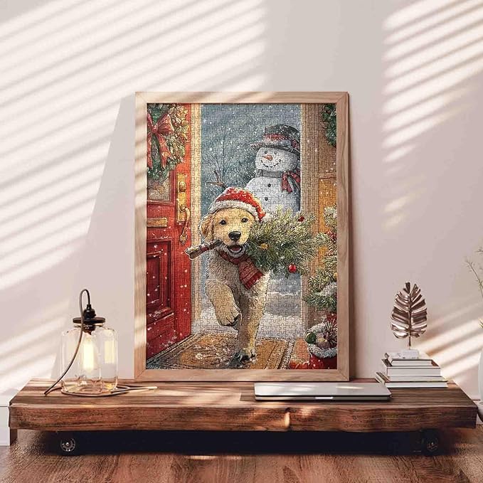 Merry Christmas 1000 Piece Jigsaw Puzzles for Adults Animal Dog Wearing Christmas Hat Painting Jigsaw Puzzle 1000 Cute Snowman Puzzles 20''x27”inch DIY Craft Puzzle Art Wall Decor Family Challenging