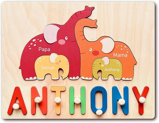 Personalized Baby Name Puzzle | Custom Wooden Baby Toy for Toddlers 1-3 Age 3+ | Montessori Learning Toys for Boys & Girls | Perfect Kids Gift for First Birthdays & Christmas (Elephants)