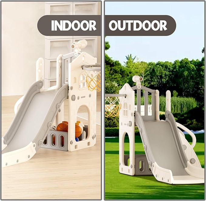 XJD 5 in 1 Toddler Slide, Kids Slide for Toddlers Age 1-3, Outdoor Indoor Playset for Toddlers with Basketball Hoop and Ball, Storage Space and Non-Slip Steps Telescope (Gley)