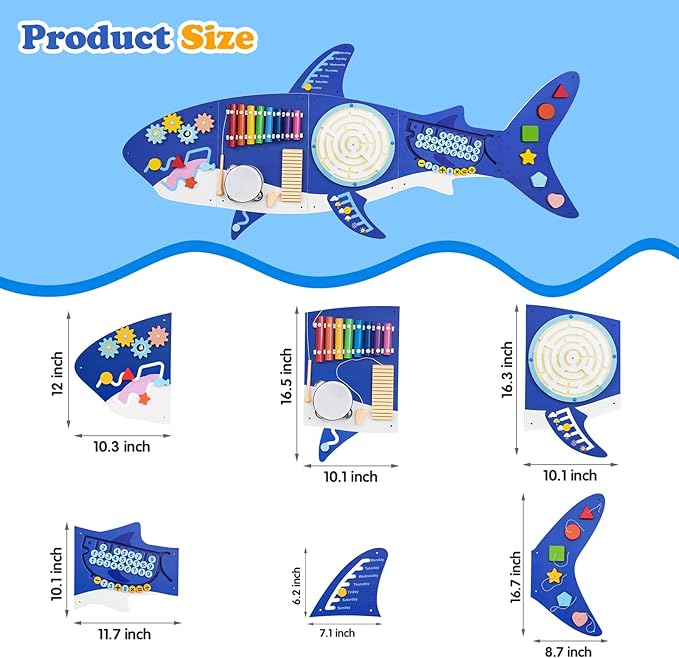 Weihnacht Shark Wall Busy Board Panels,11-in-1 Montessori Sensory Toys, Toddler Learning Activity Center,Montessori Philosophy Sensory, Educational Toys, Conducive to All-Round Development