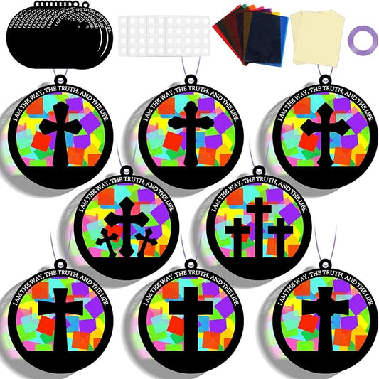32 Sets Cross Suncatchers Craft Kit DIY Religious Window Stained Glass Effect Christian Paper Craft Home School Classroom Decoration Kid Sunday School Birthday Gift Creative Art Project Activity Game