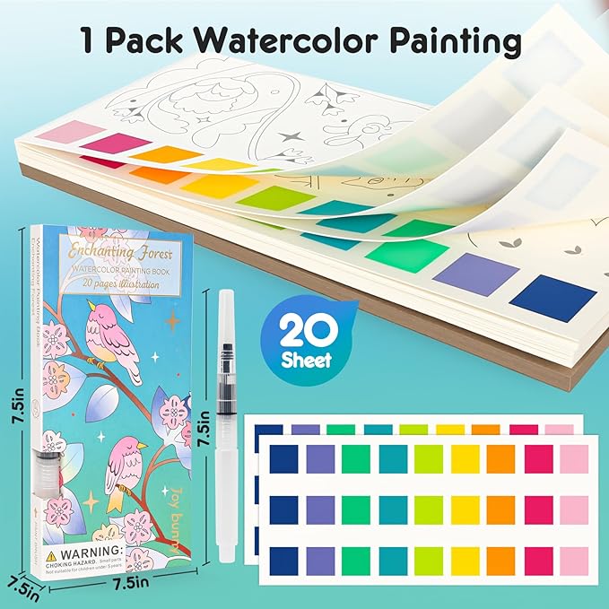 Watercolor Painting Coloring Books Pocket Watercolor Paint Bookmarks, Mess Free Paint with Water Set, Travel Class Activities Art Party Favors Exchange Birthday Gifts for Kids (Enchanting forest)