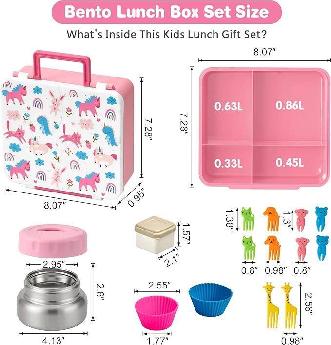 Bento Lunch Box with 9.5 oz Soup Thermo, Kids Leakproof 4 Compartments Bento Box with Silicone Cupcake,Fruit Fork,Spoon and Sauce Cup,Insulated Food Jar for School Travel-Rainbow Horse