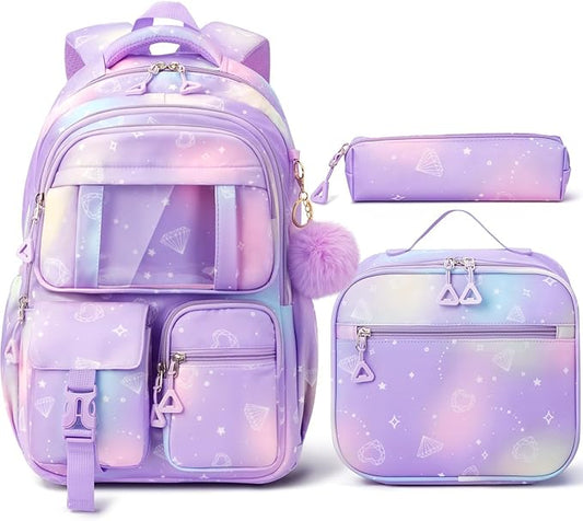 Fimibuke Kids Backpack for School Girls, 3Pcs Waterproof Girls Backpack with Lunch Box & Pencil Pouch - Lightweight Bookbag for Elementary Middle School Student Teens Ages 6+ Purple