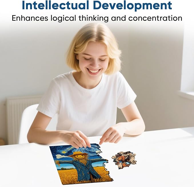 Wooden Puzzles for Adults, Scarecrow and Farmland Puzzles 500 Pieces, Unique Shaped Jigsaw Puzzles for Adults and Kids, Birthday Gifts Fun Challenge Family Game 14.2'' x 18.9''