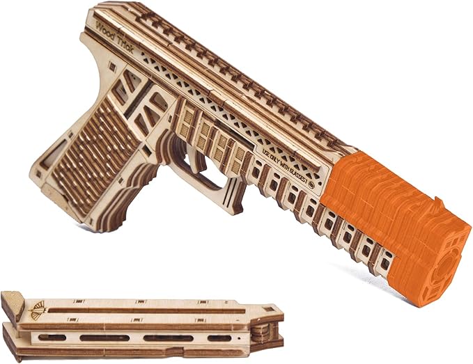 Wood Trick Defenders Gun 3D Wooden Puzzles for Adults to Build - Shoots up to 13 ft - 2 Clips - 9x5 in - Wooden Model Kits for Adults - 14+