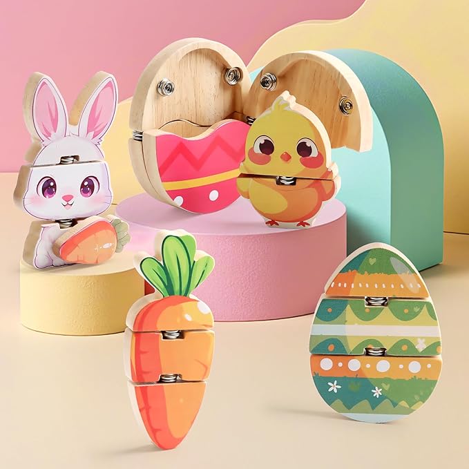 HUZU Easter Snap Builders, Easter Basket Stuffers Bunny, Carrot, Egg, Chick Wooden Puzzle Toy, Basket Essentials Take Apart & Mix Characters Kids Montessori STEM Fine Motor Skill