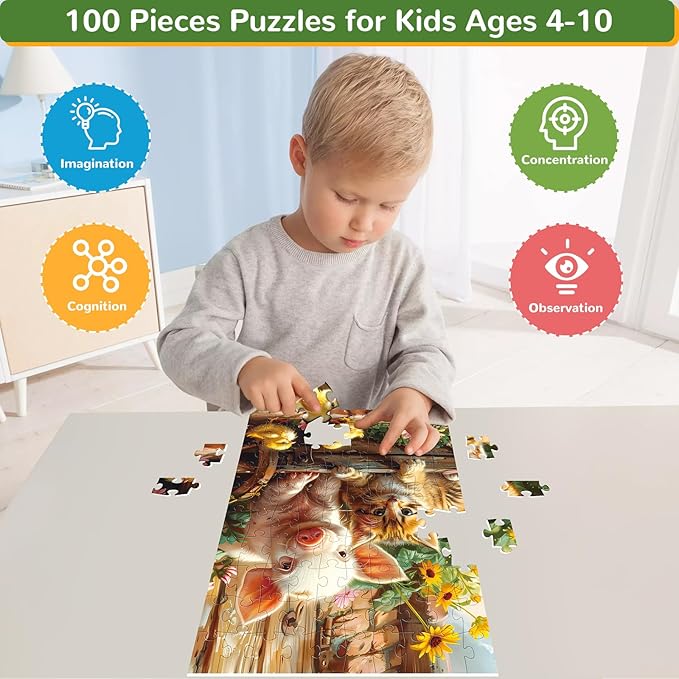 100 Piece Puzzles for Kids Ages 4-8, Cat Pig Kids Puzzles 100 Piece Ages 4-6 6-8 8-10 Animal Floor Jigsaw Puzzle Educational Puzzle Toys Preschool Birthday Gifts for Boys and Girls