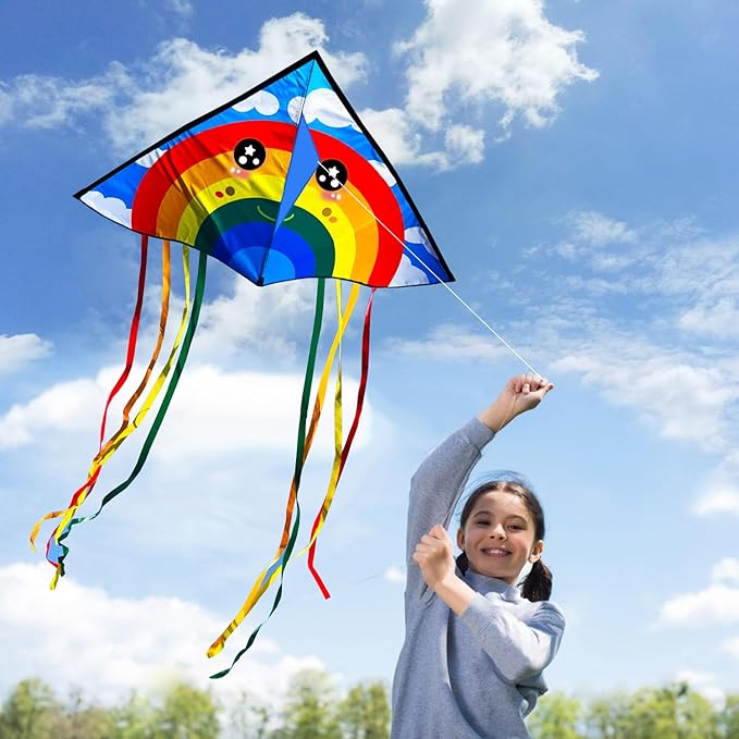 HONBO Large Delta Kite for Kids & Adults,Extremely Easy to Fly Kite for Beach Trip,String Line Included,with Colorful Tail,Perfect for Beginners